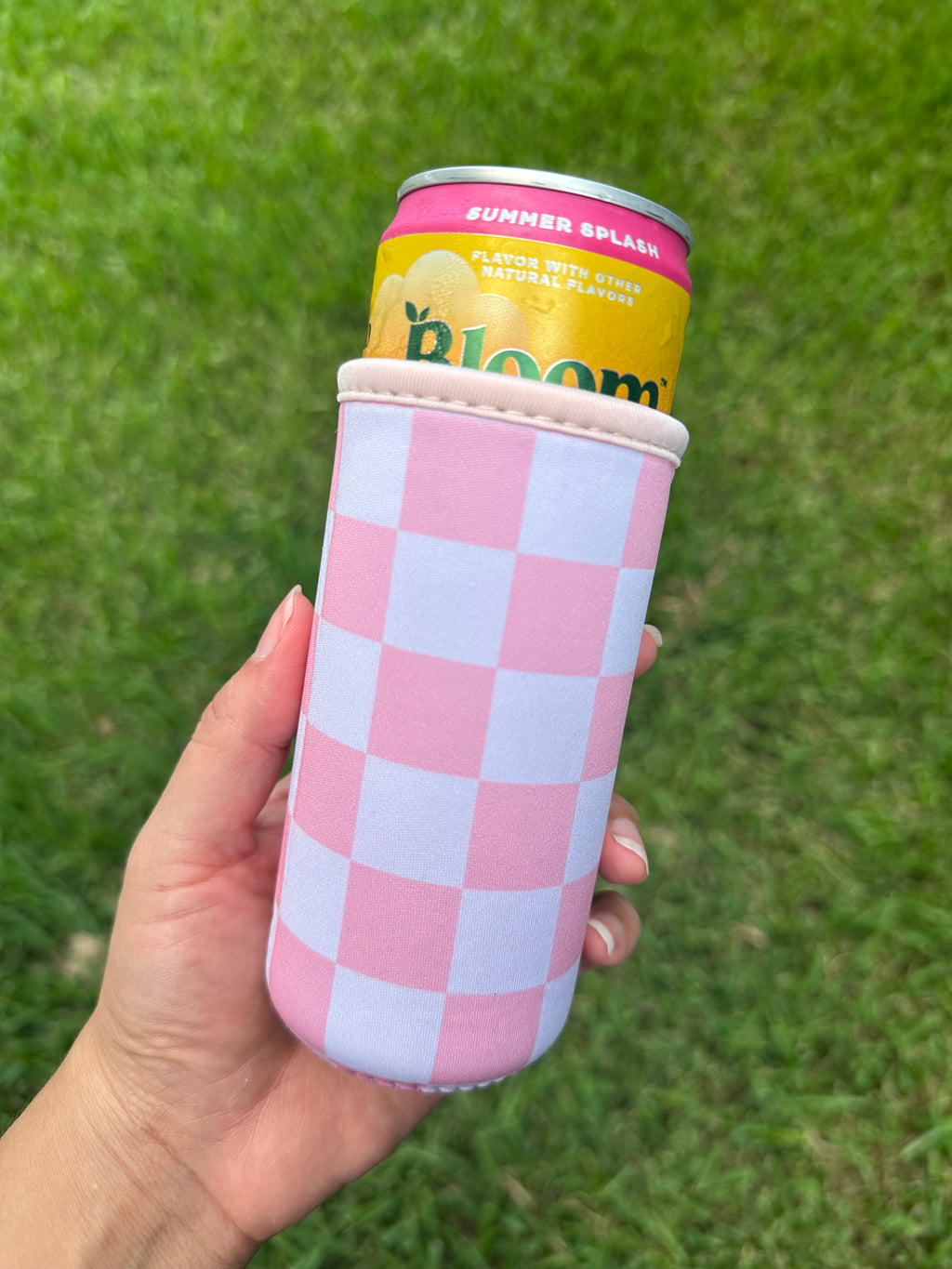 Pink Checkered Tall Can Drink Sleeve